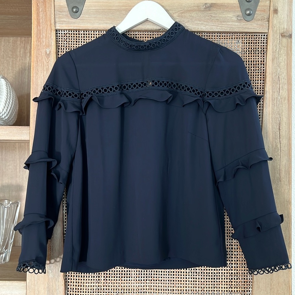 NWOT J.Crew Navy Blue long sleeve ruffles top
